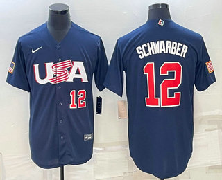 Men%27s USA Baseball #12 Kyle Schwarber Number 2023 Navy World Baseball Classic Stitched Jerseys
